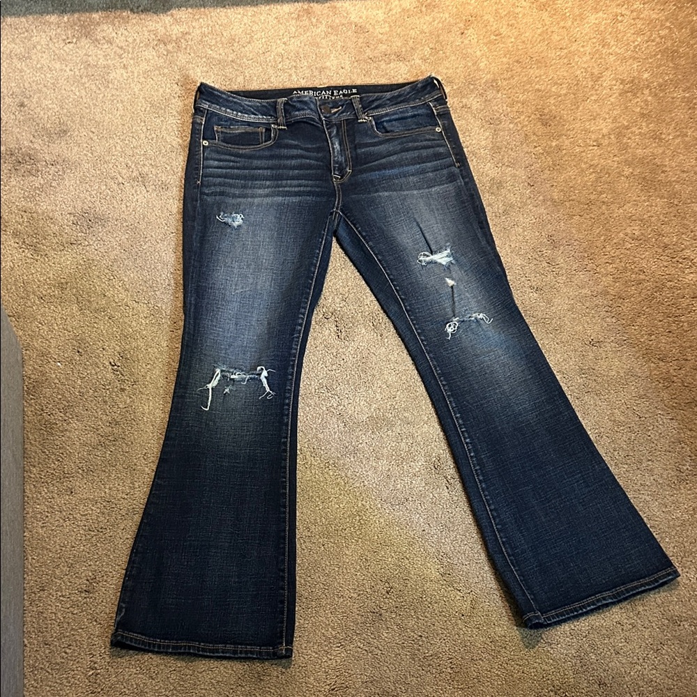 American Eagle Outfitters Women's Flare Distressed Dark Blue Jeans